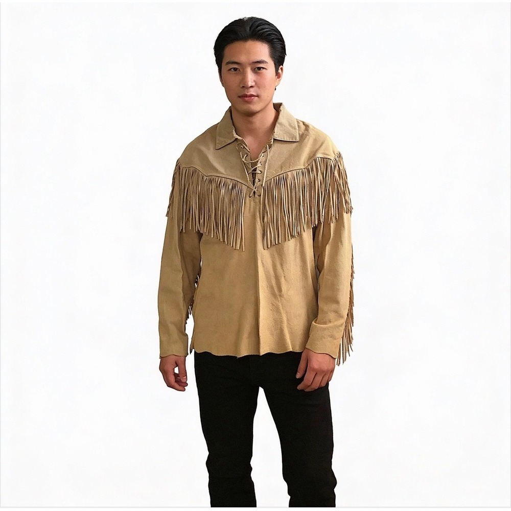 Scully 70's Vintage Mens Suede Fringe Western Shirt Lace Up Collar Tan Size M